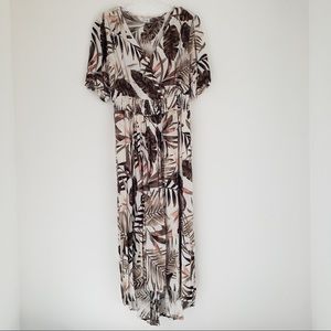 Old Navy Tropical Palm Print Hi-Low Smocked Waist Pink Midi Dress Small